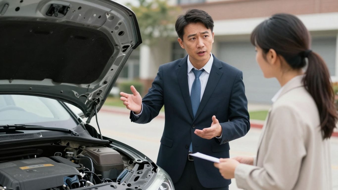 Insurance adjuster discussing car damage with homeowner.