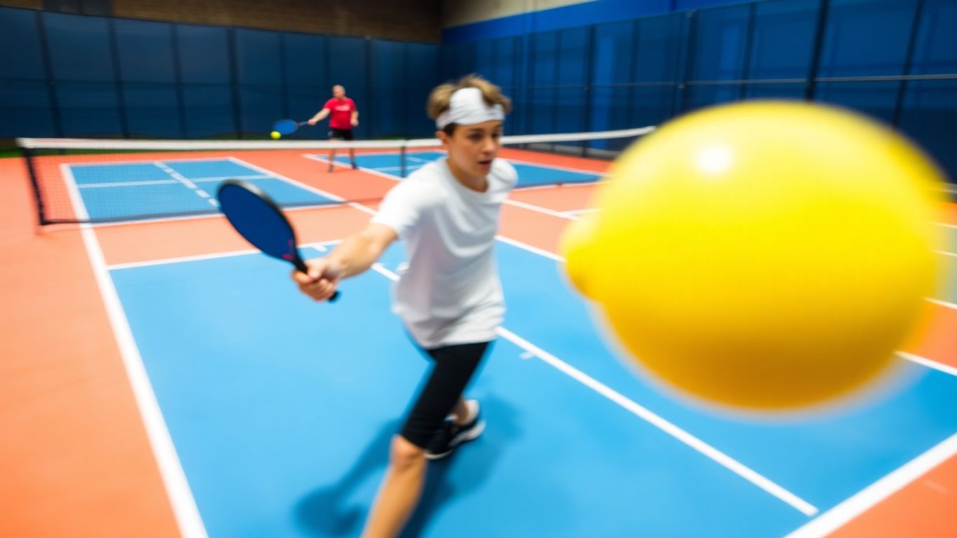 Pickleball players in action on a court.