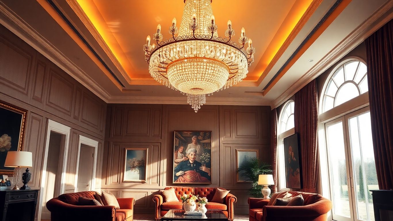 Luxurious living room with a statement crystal chandelier.