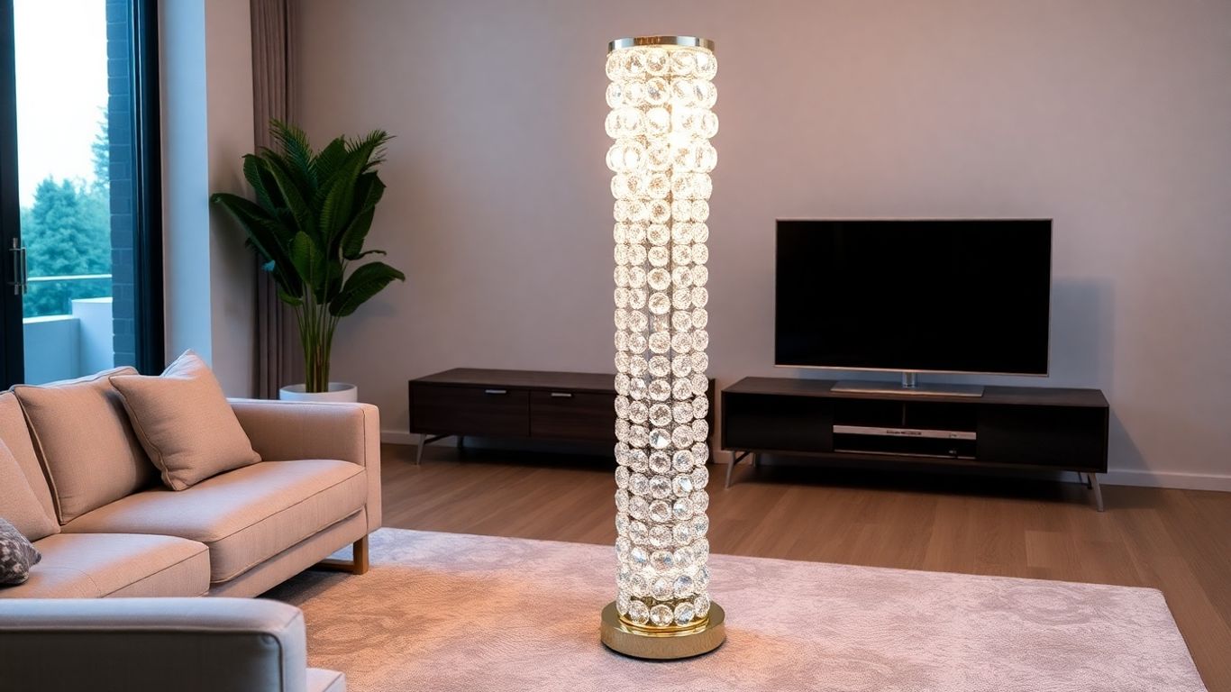 Elegant crystal floor lamp illuminating a modern room.