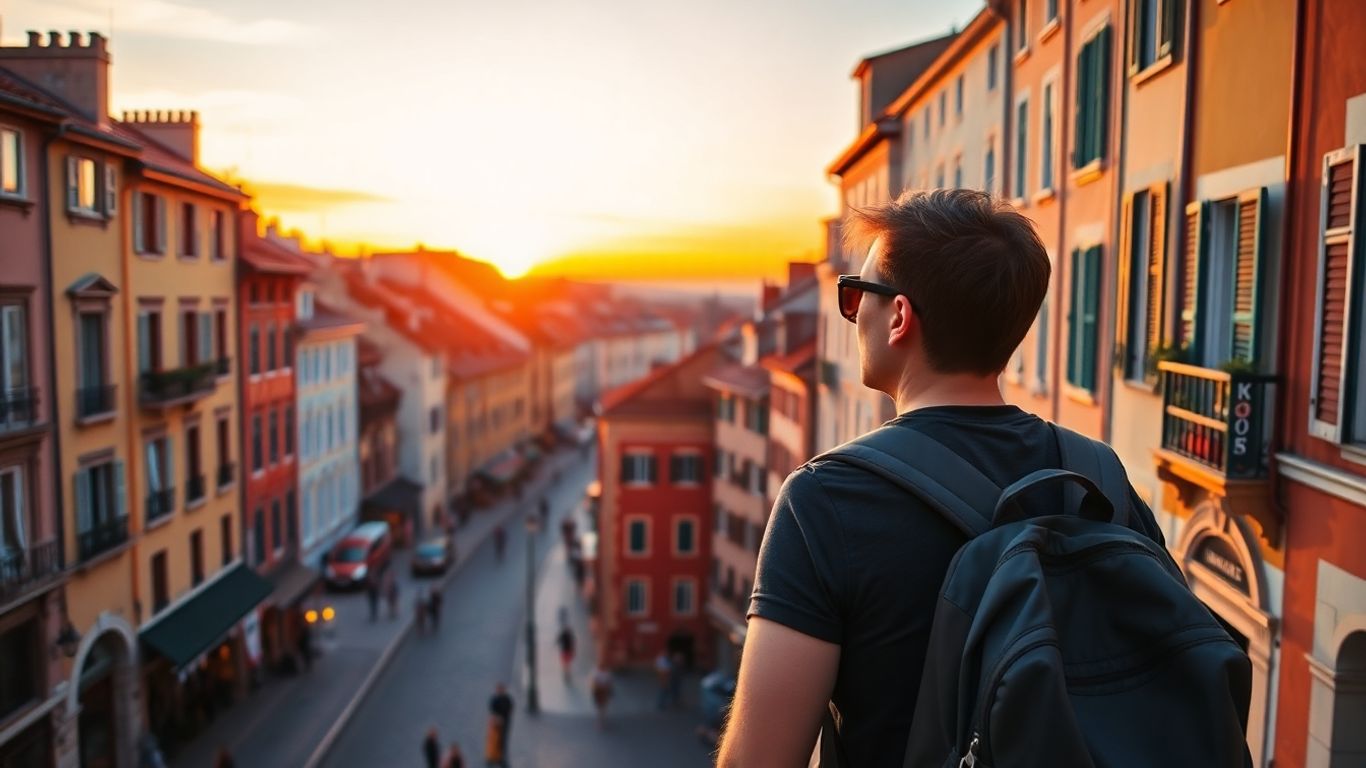 Budget-friendly European city skyline at sunset.