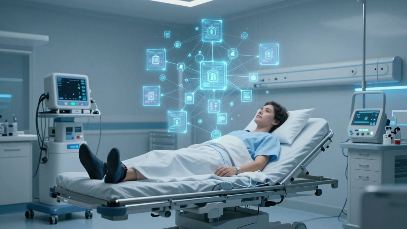 Blockchain technology integrated into futuristic patient care.