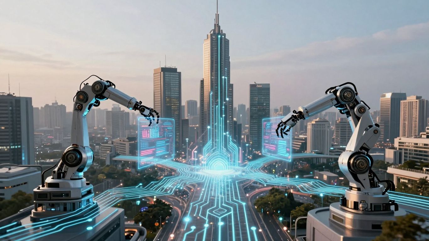 Oraș futurist cu circuite digitale și brațe robotice.