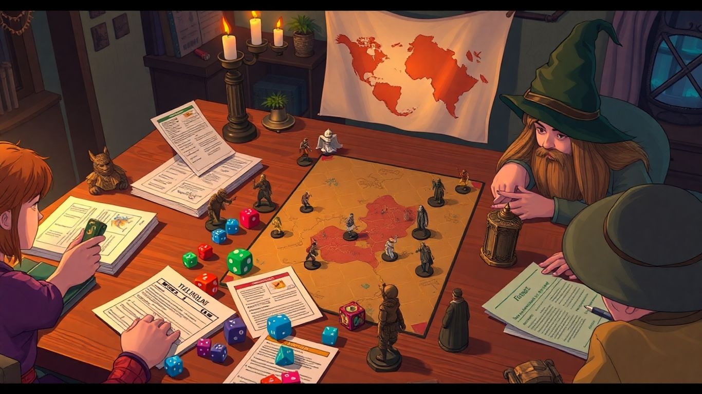 Players with dice and maps at a tabletop RPG session
