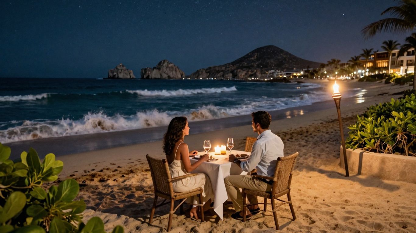 Couple dining romantically on a Cabo beach at sunset.