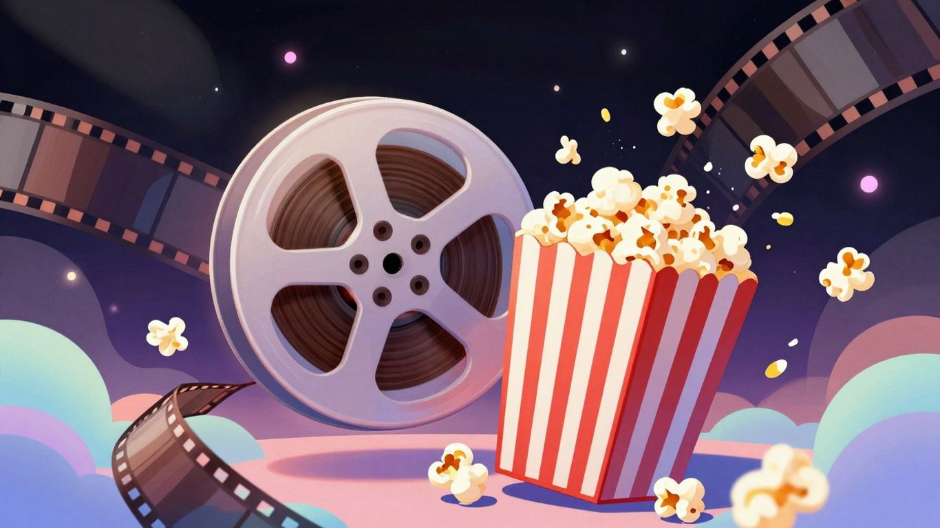Stylized movie reel with popcorn and film strips.