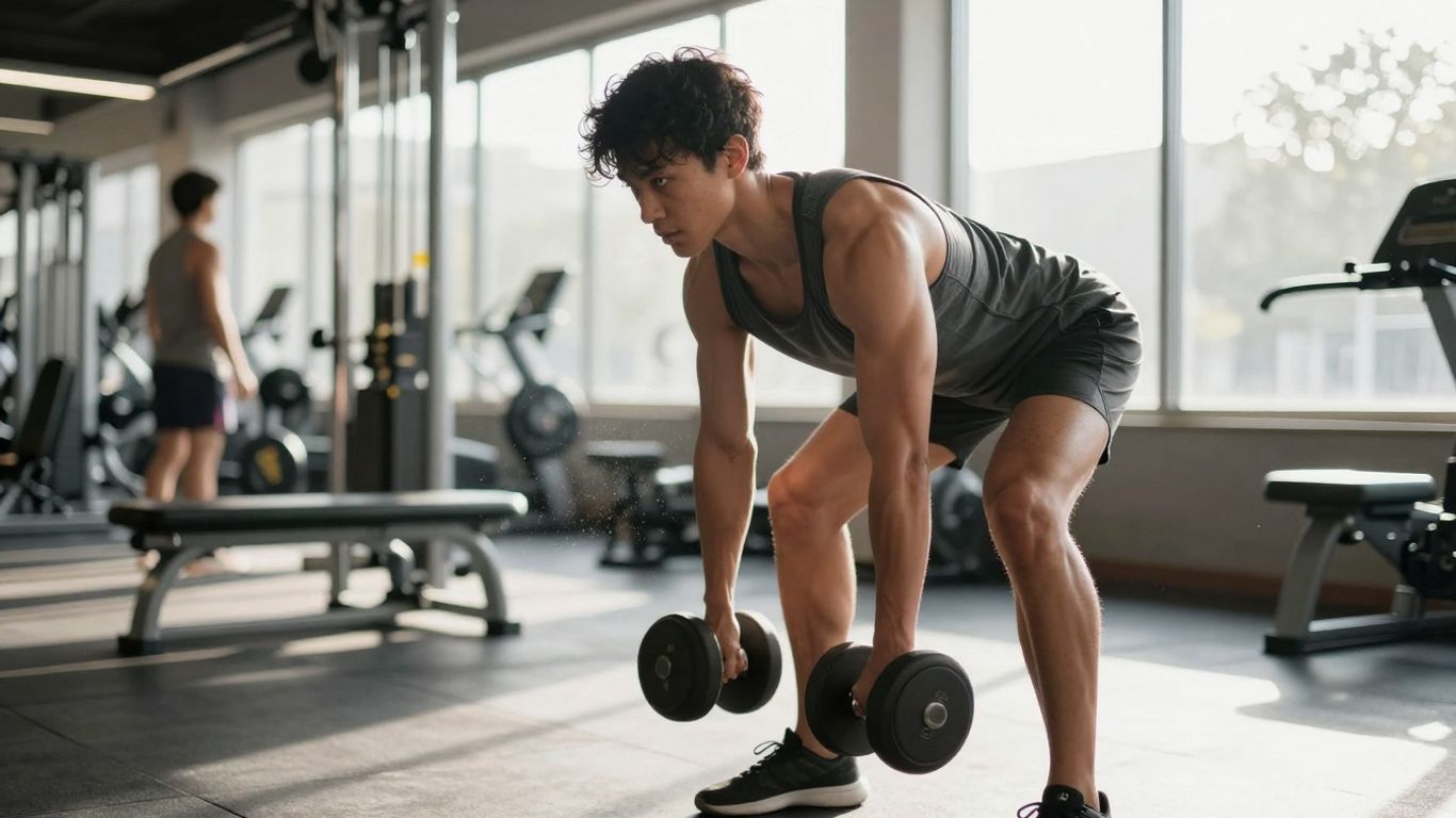 Beginner performing a gym workout with dumbbells.