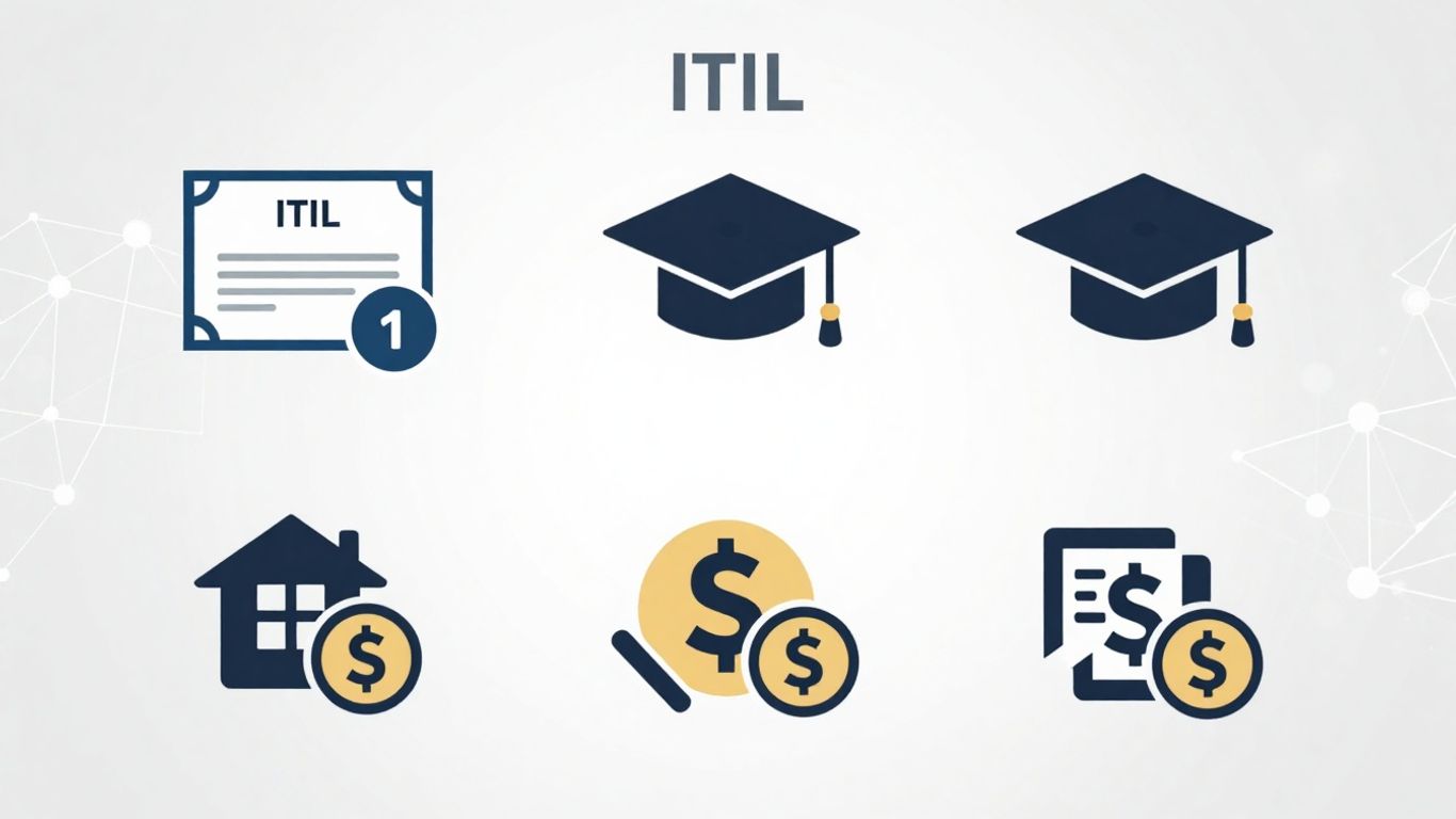 ITIL certification costs infographic with icons and digital patterns.