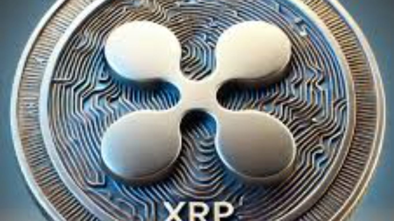 A close-up of a metallic XRP cryptocurrency coin on display.