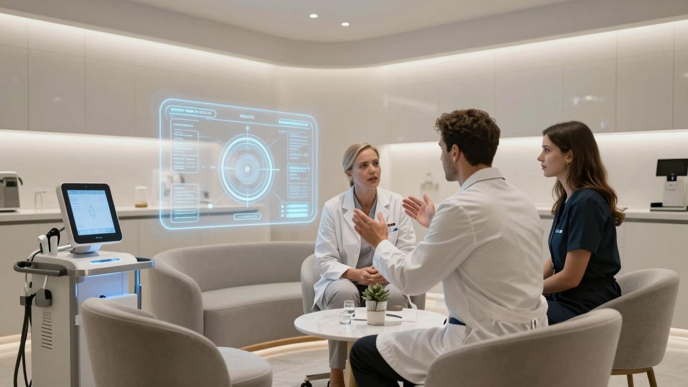 Medspa interior with professionals discussing AI integration.