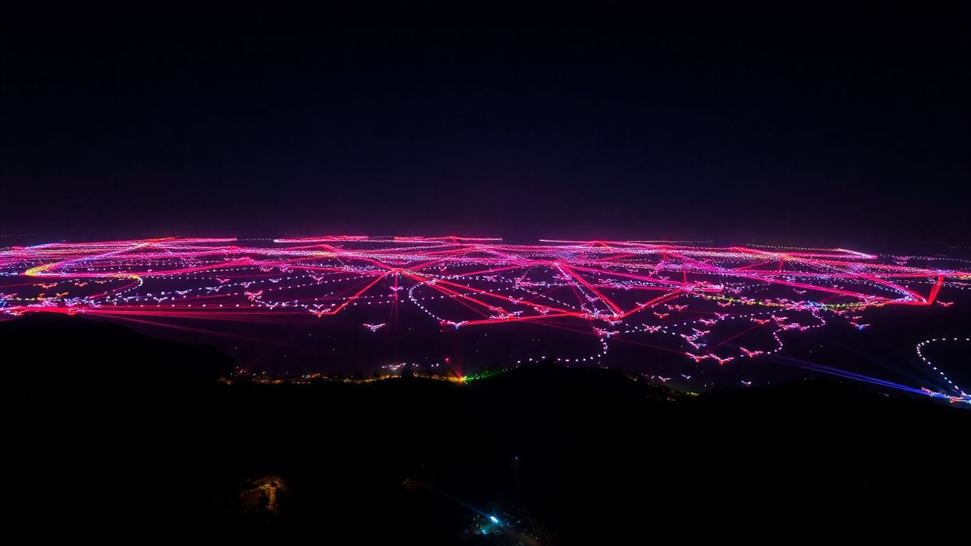 Bali drone light show illuminating the night sky.