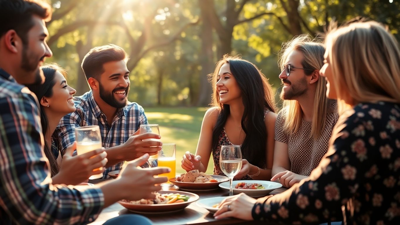 Friends enjoying a meal together outdoors, laughing and talking.