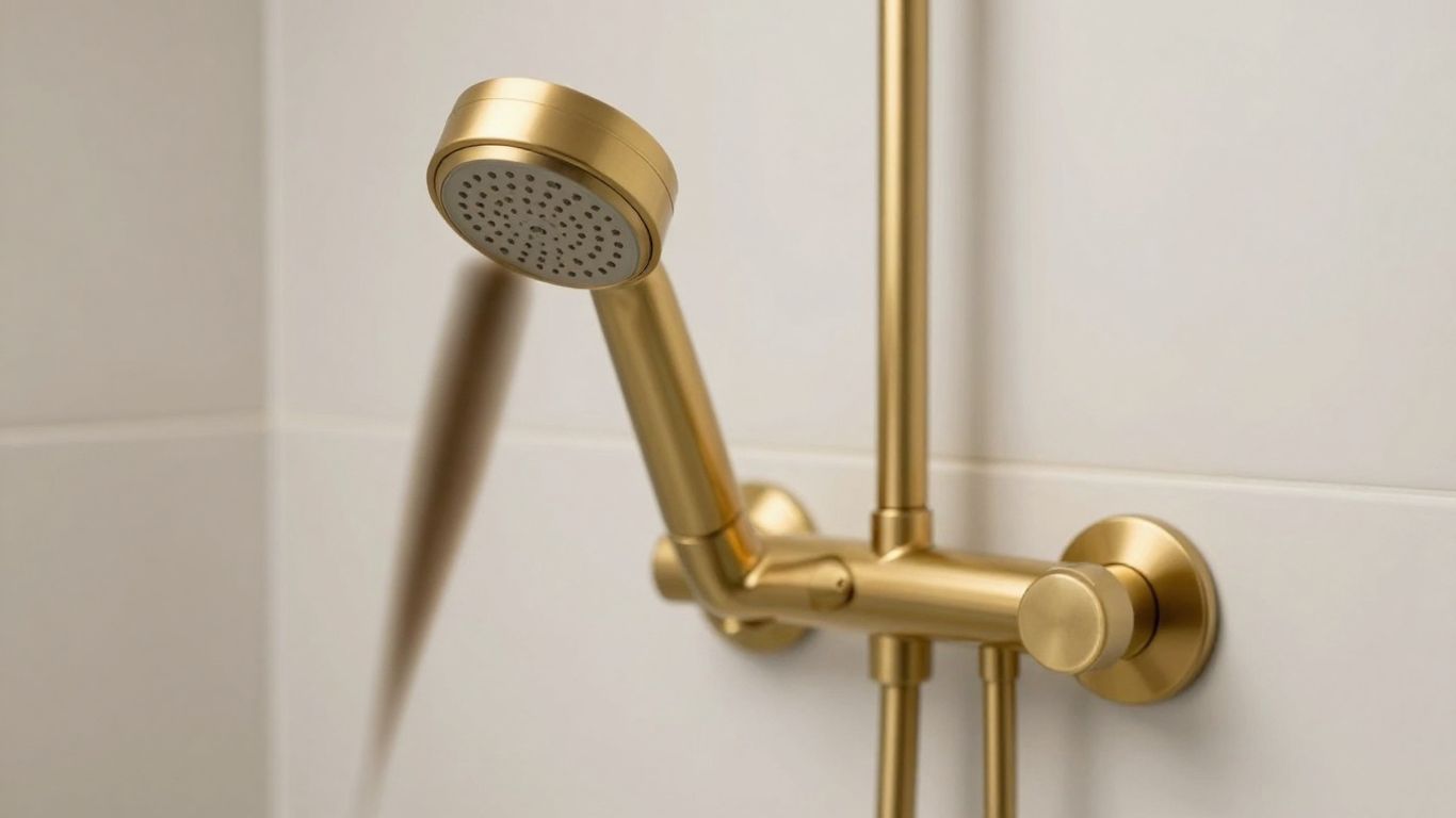 Brushed gold shower fixtures in a modern bathroom.