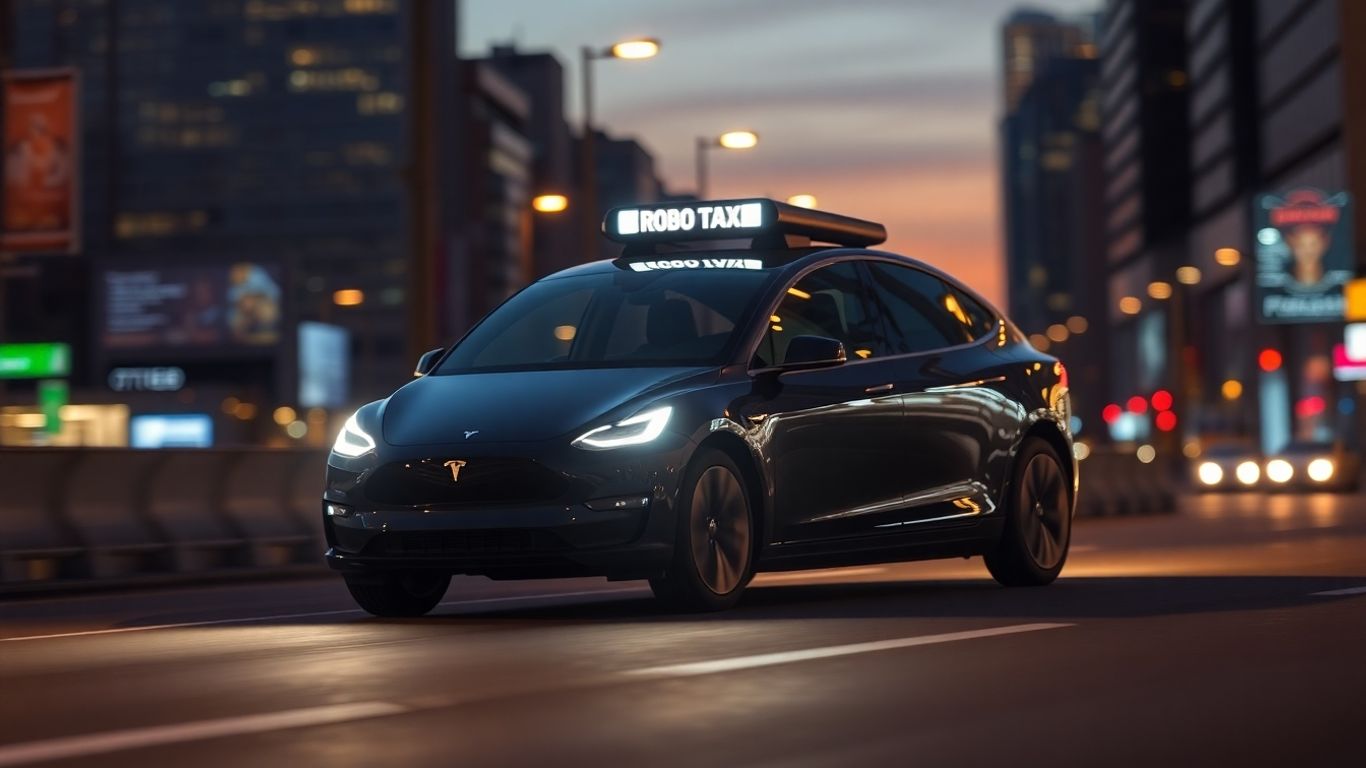 Futuristic Tesla robotaxi driving on a city street.