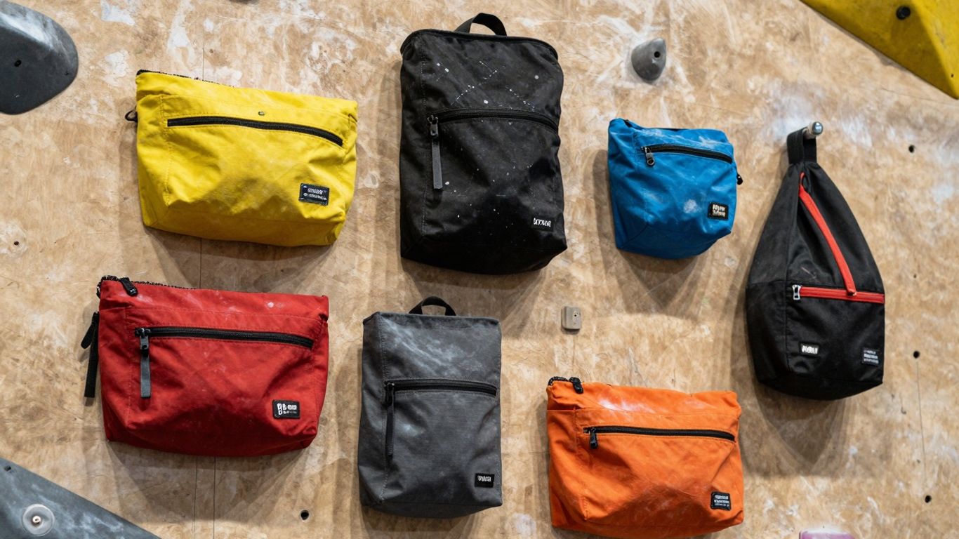Various cool chalk bags on a climbing wall.