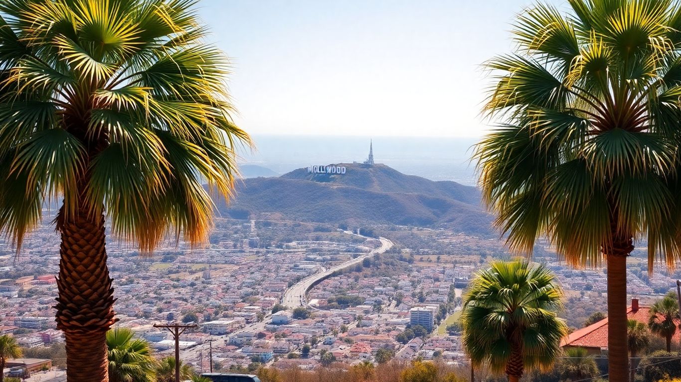 Hollywood Hills sign overlooking Los Angeles cityscape
