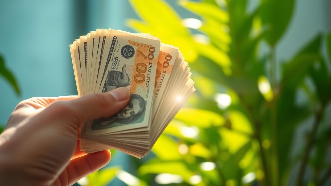 Mãos segurando dinheiro perto de planta verde