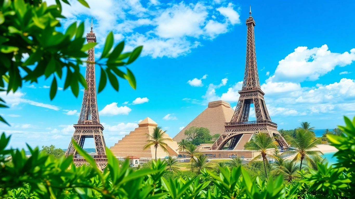 Collage of global landmarks and tropical beaches.