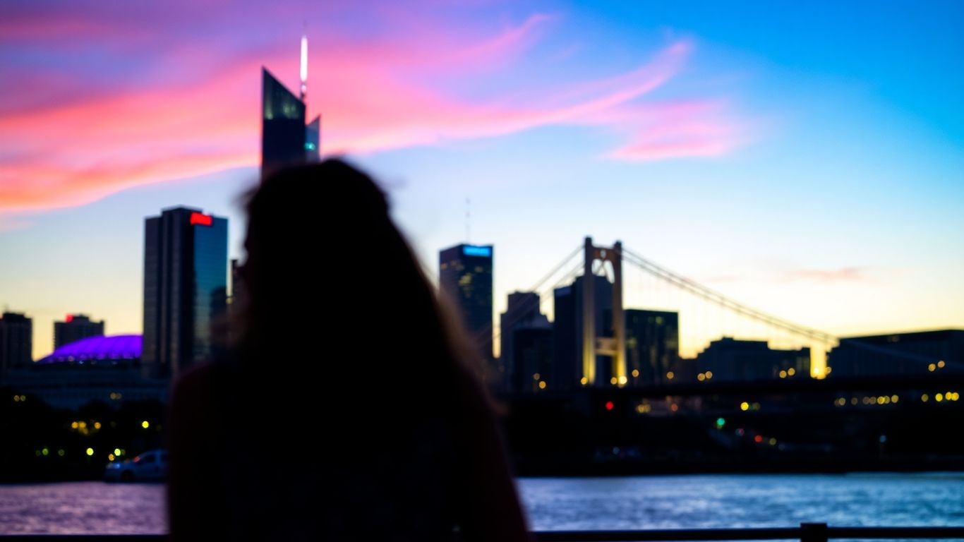 Brisbane cityscape at dusk with Story Bridge illuminated.