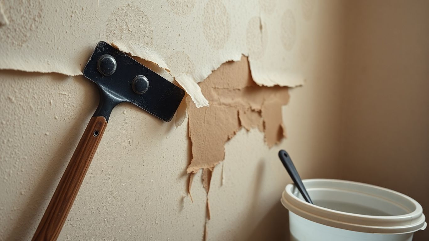 Peeling wallpaper being removed from a wall with tools.