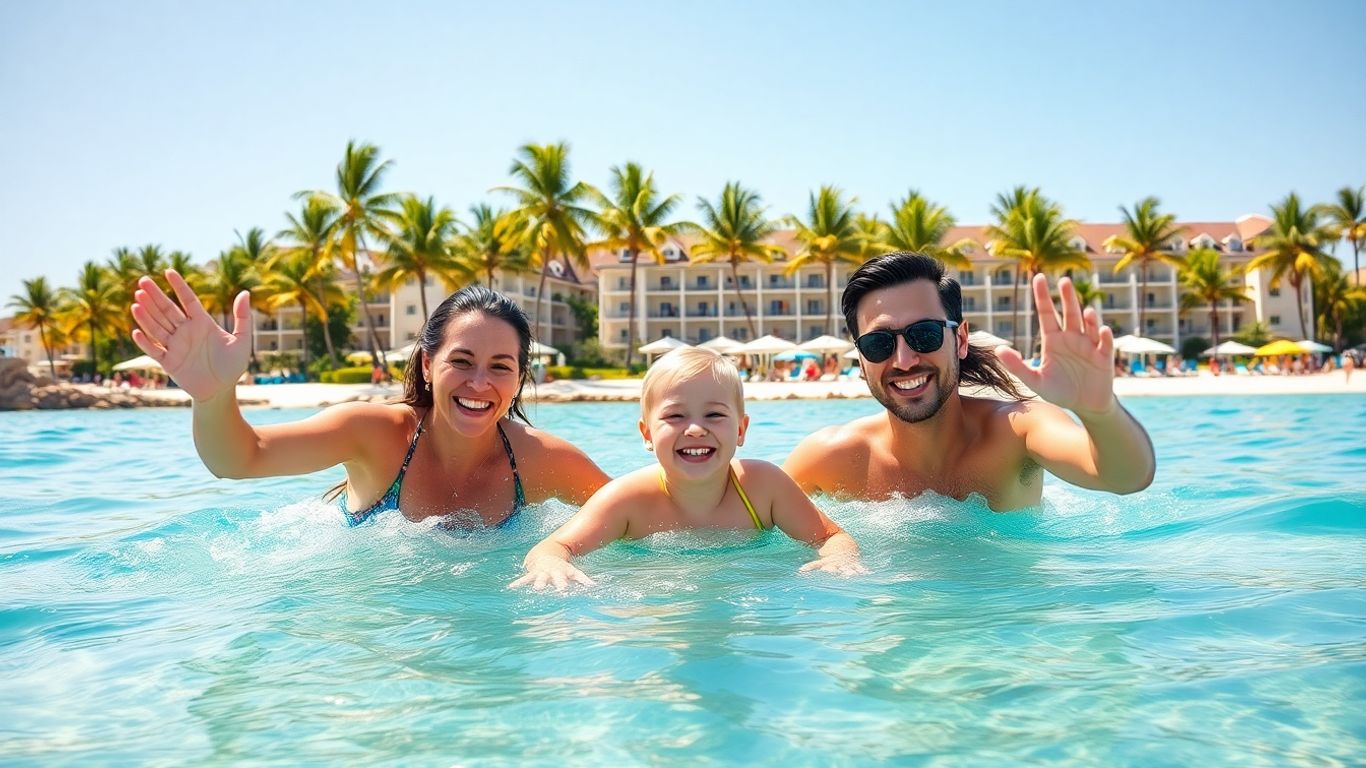 Family enjoying a sunny beach vacation at a resort.