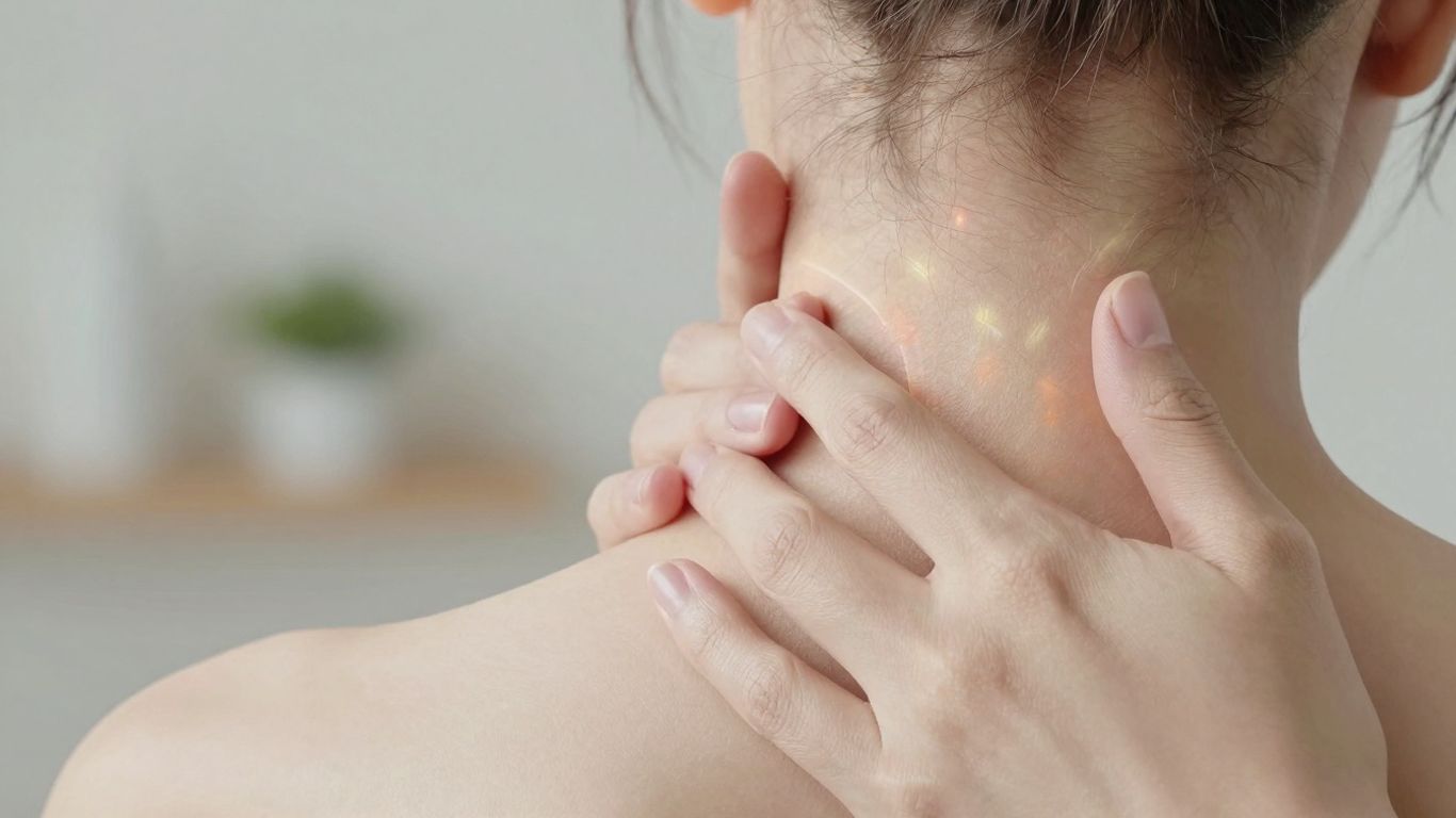 Person receiving gentle neck massage for pain relief.