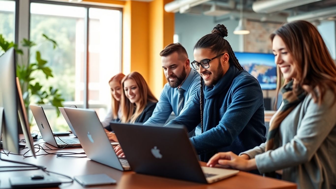 Team che collabora in un ufficio moderno e sicuro