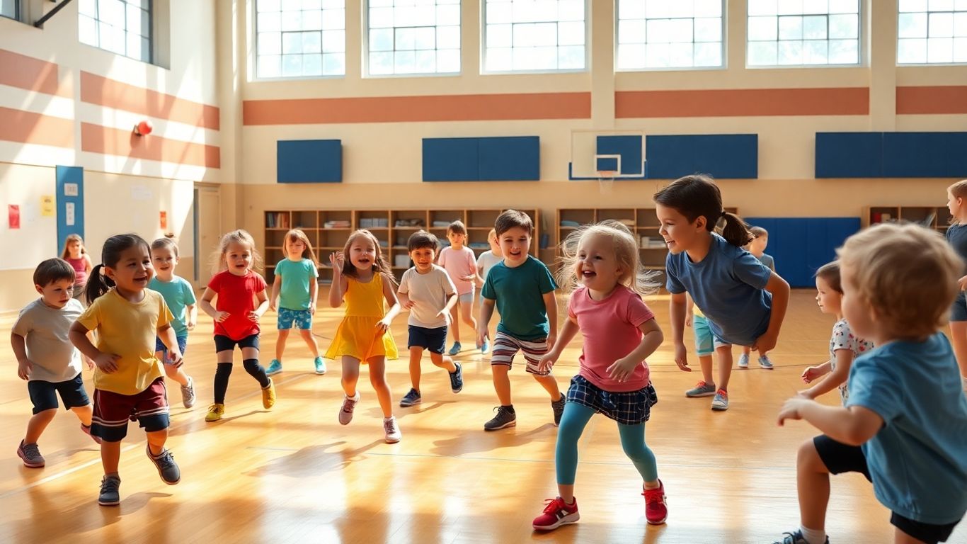 Kinder spielen und bewegen sich fröhlich im Sportunterricht.