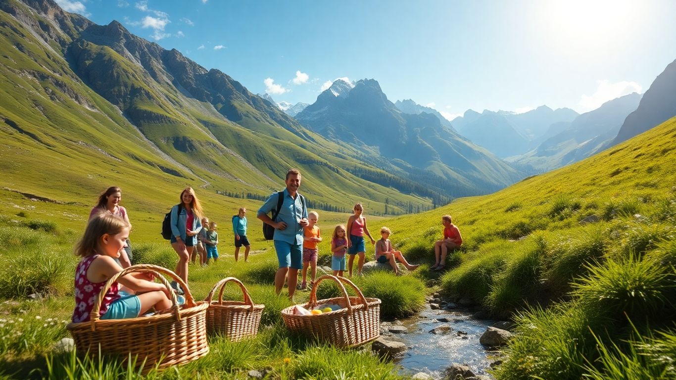 Familie genießt Sommeraktivitäten und Entspannung in den Bergen.