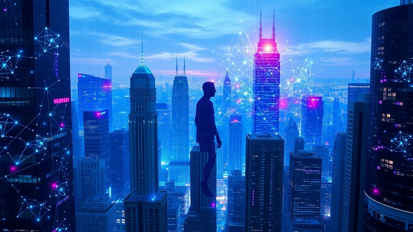 Futuristic cityscape with AI neural networks and human silhouette.