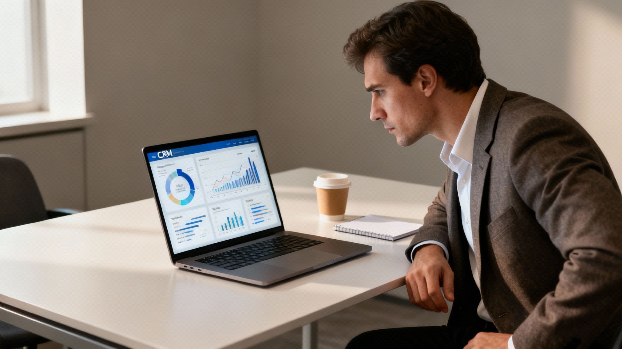 A business owner reviewing conceptual CRM analytics on a laptop
