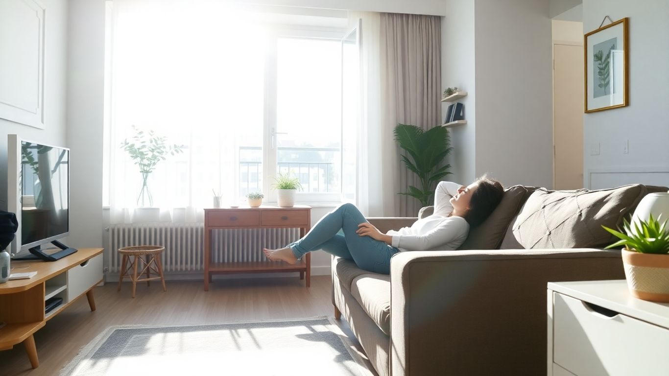 Persona relajada en un apartamento moderno con seguro de hogar.