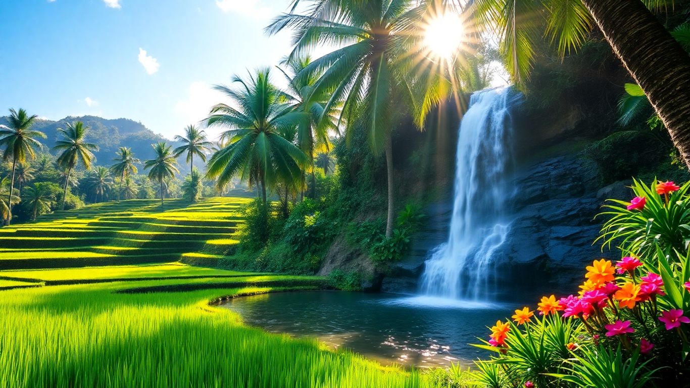 Lush Balinese rice paddies and waterfall bathed in sunlight.