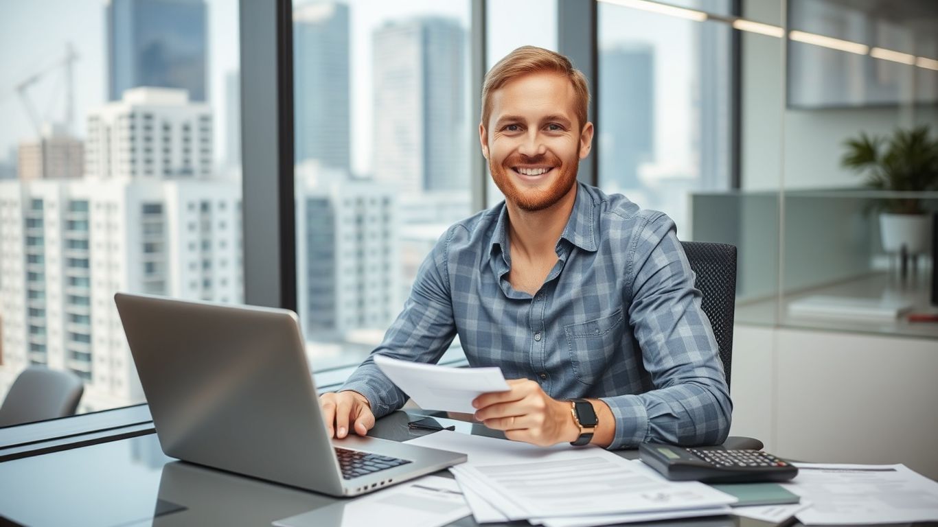 Australian worker doing taxes in modern office setting