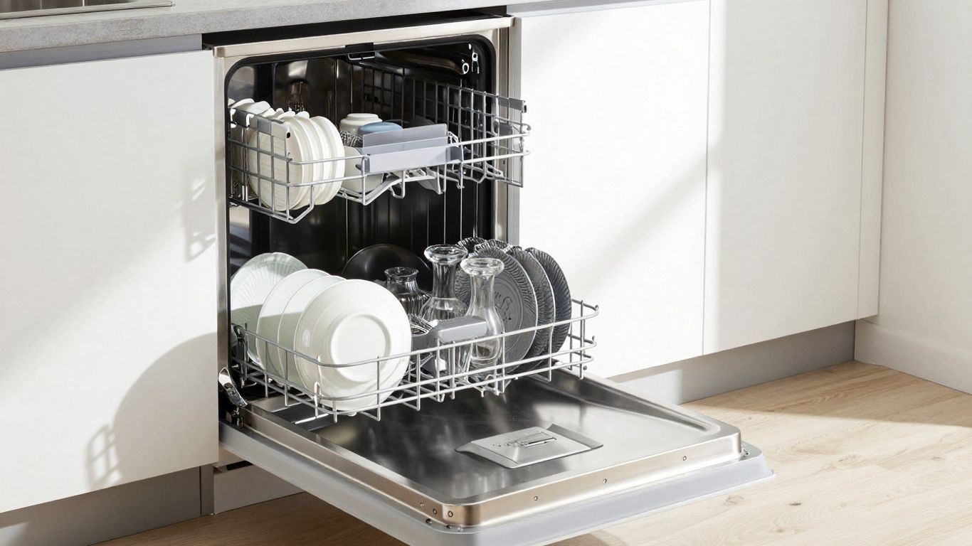 Modern stainless steel dishwasher filled with clean dishes.