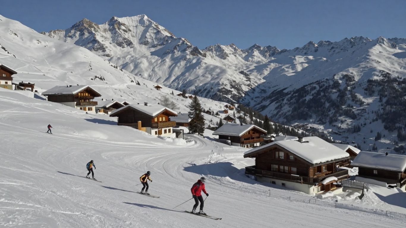 Snowy chalets and skiers in Meribel, French Alps.
