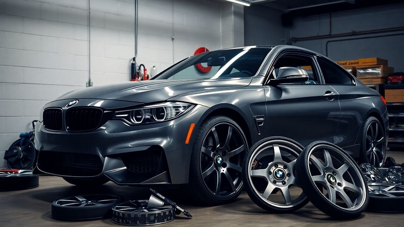 BMW project car with new spare parts and custom wheels.