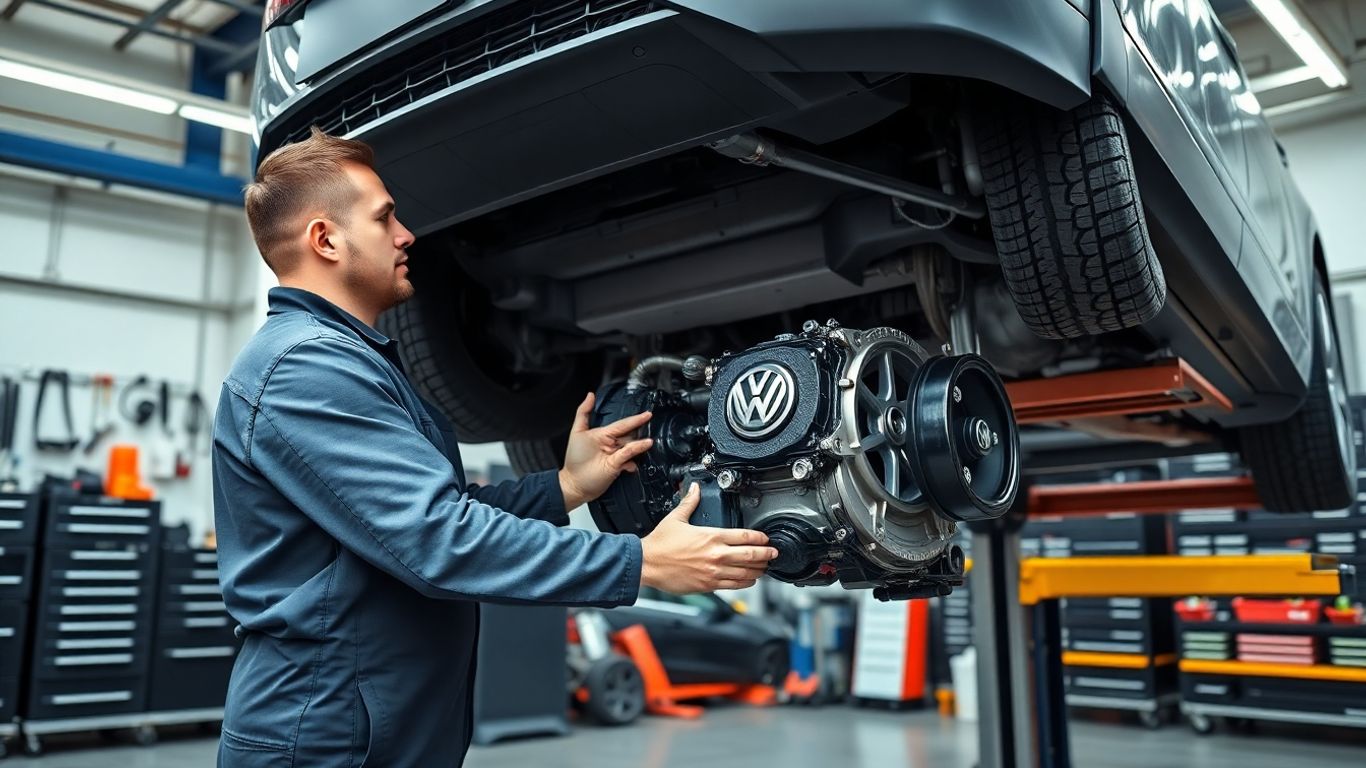 Mechanic installing VW driveline in Australian auto workshop
