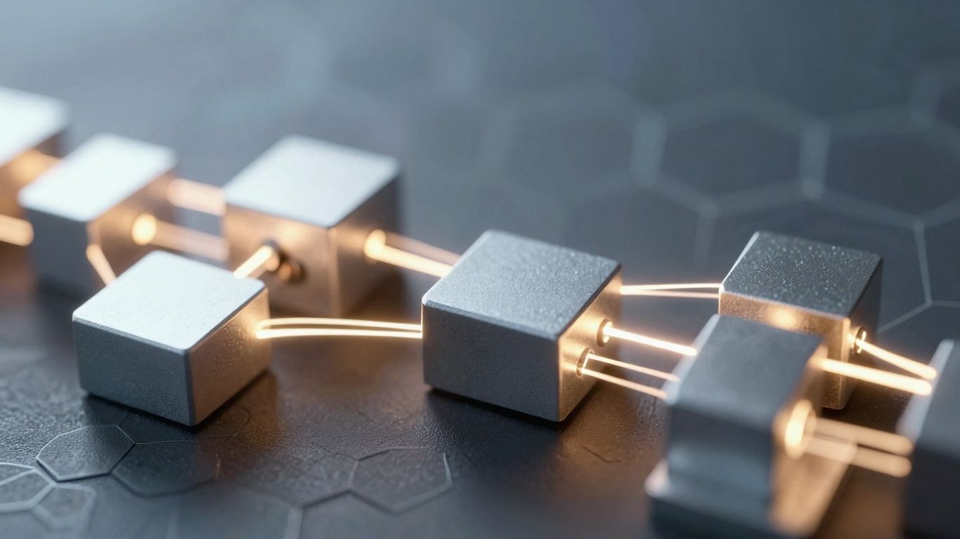 Digital blockchain blocks connected by glowing light lines.