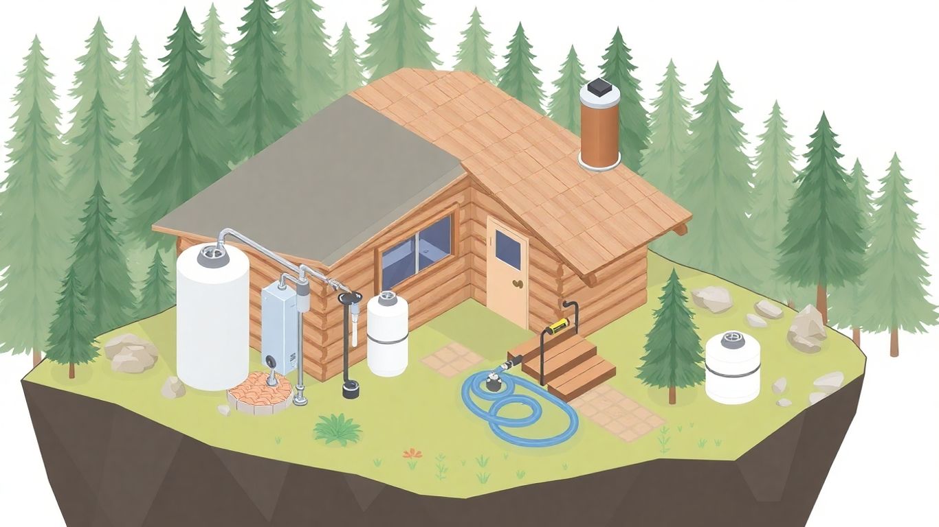 Isometric remote cabin with propane water heater and tanks