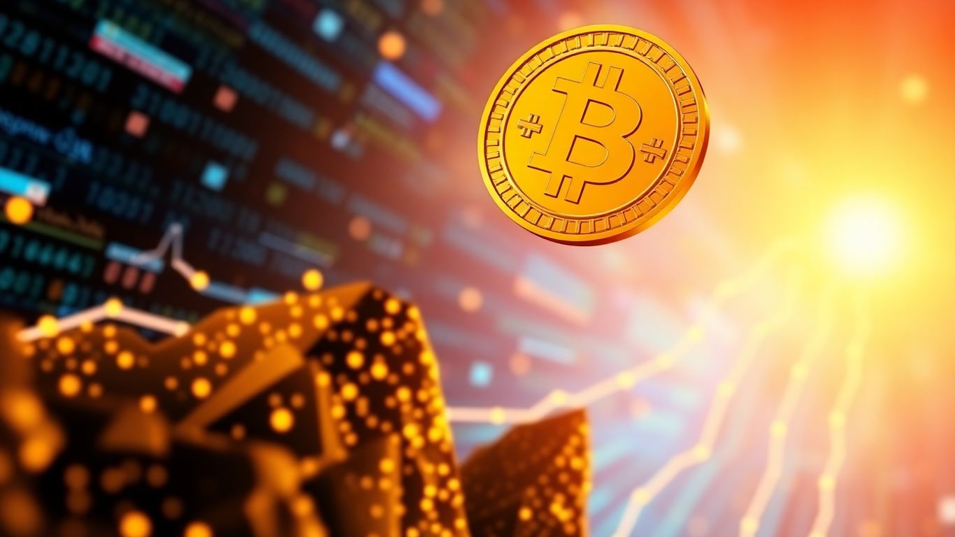 Golden Bitcoin coin soaring upwards, digital energy backdrop.