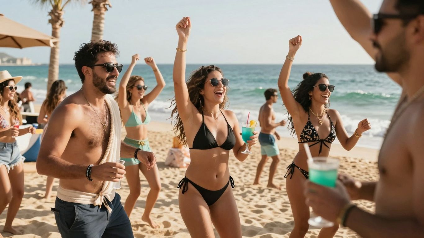 Energetic beach party at Mango Deck, Cabo.