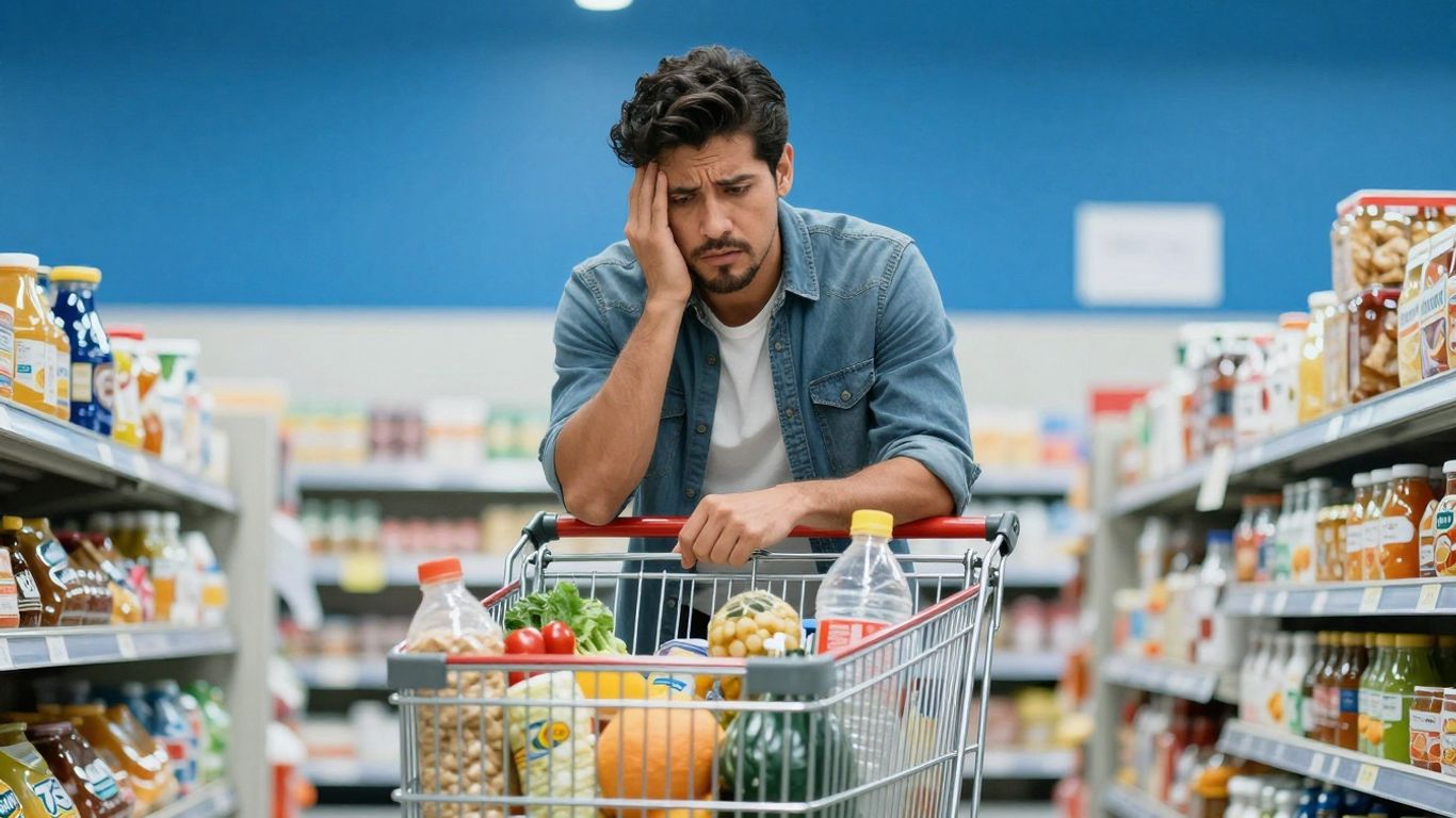 Consumator analizând coșul de cumpărături în fața produselor.