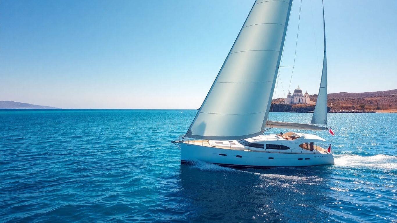 Sailboat sailing in Greece with island in background.