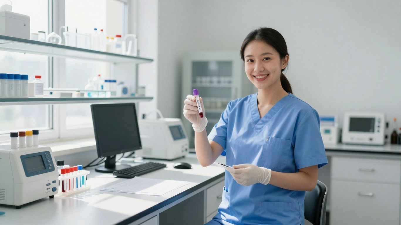 Phlebotomist holding blood test tube in a lab.