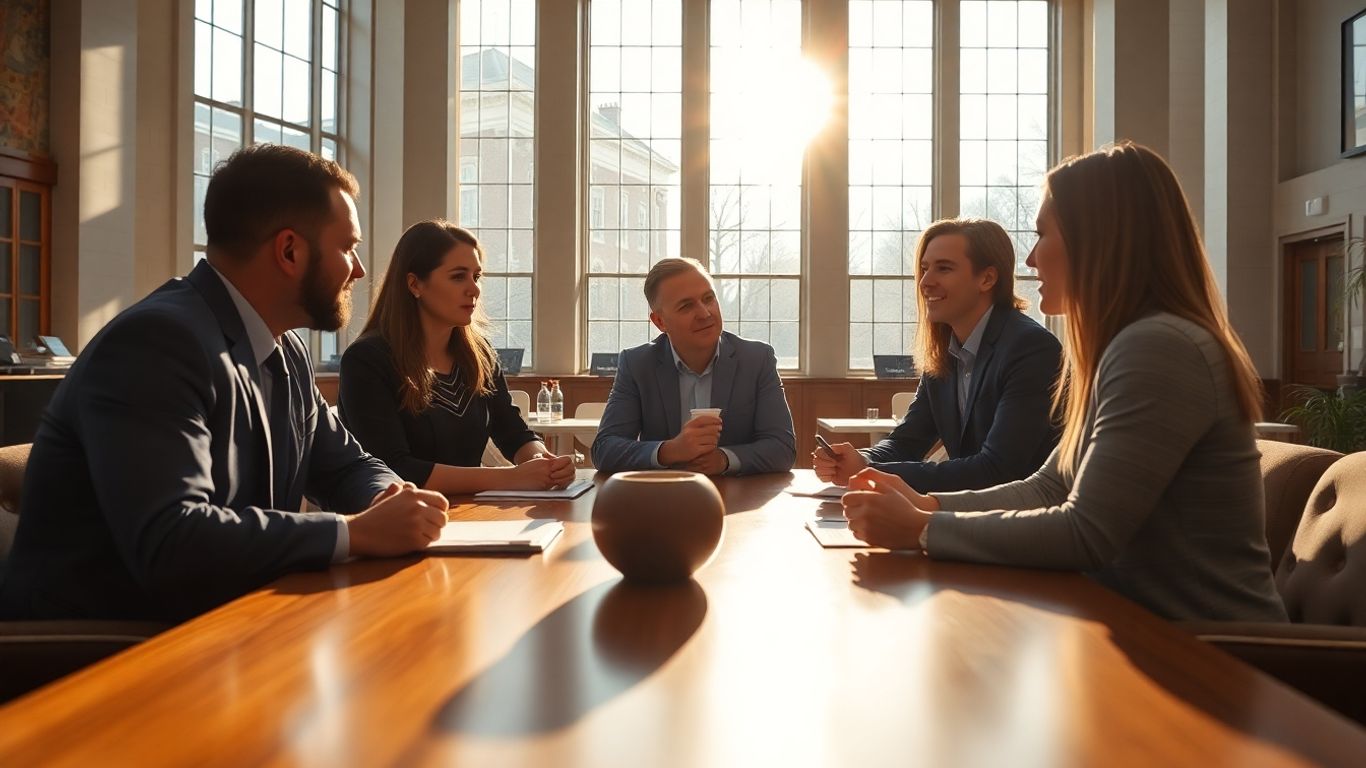 People collaborating in a bright, modern financial institute.