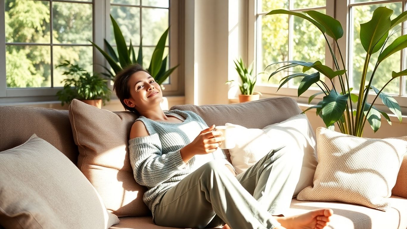 Mensch entspannt zu Hause mit Tee und Pflanzen im Wohnzimmer.