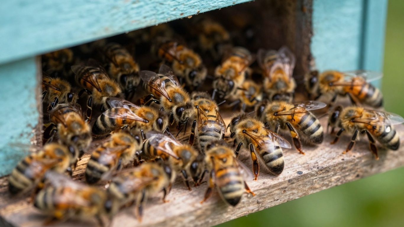 Busy beehive entrance with many bees entering and exiting.