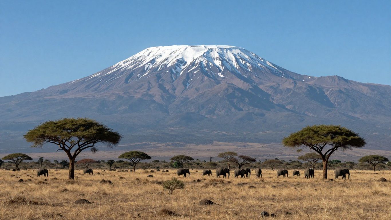 Mount Kilimanjaro overlooking savanna with elephants