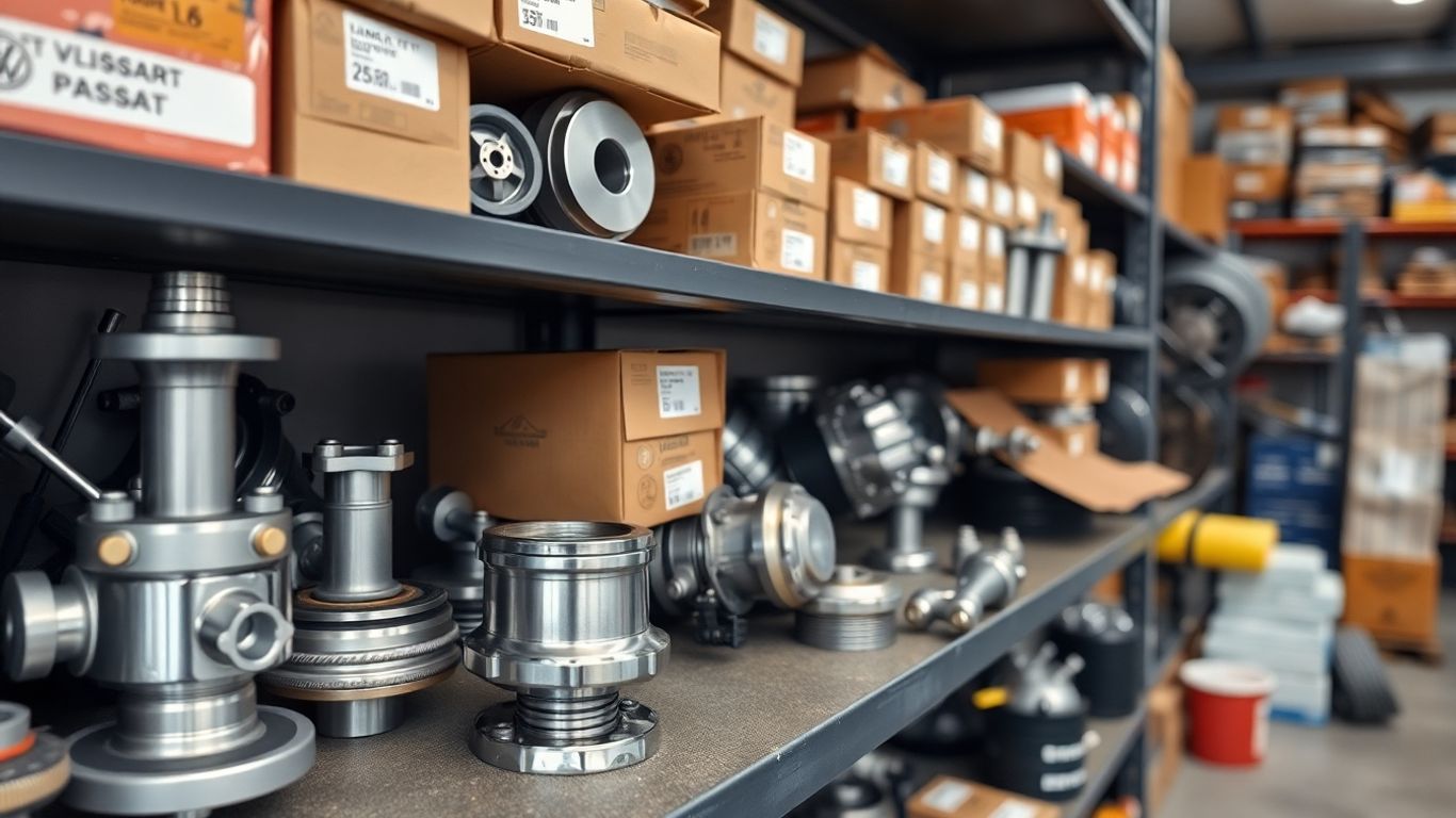 VW Passat spare parts on a shelf